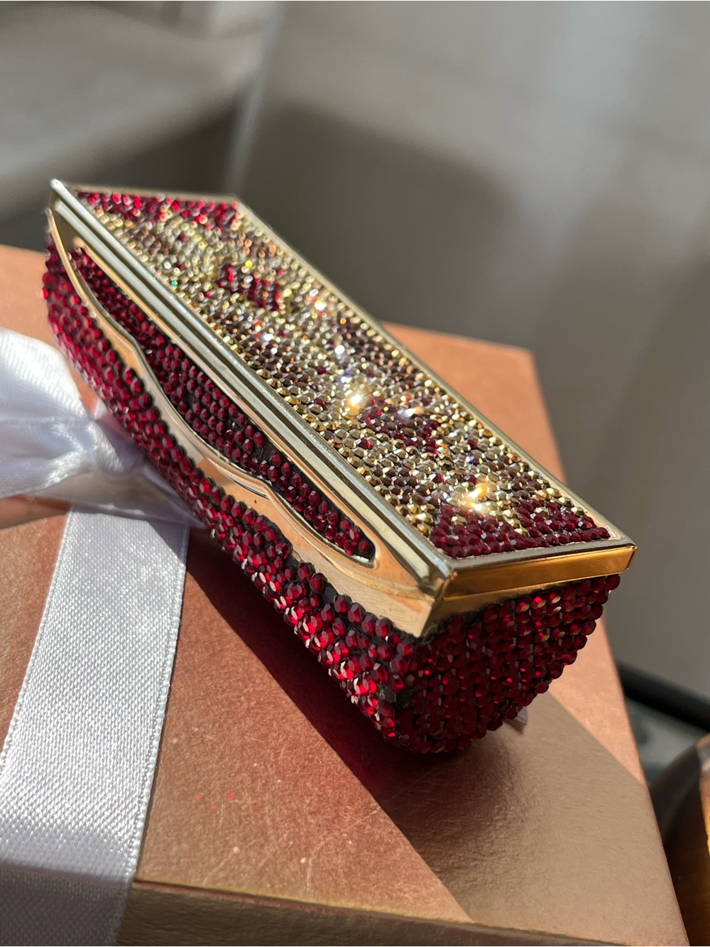 Judith Leiber Red and Gold Crystal Rectangular Minaudière Lipstick Clutch Case
